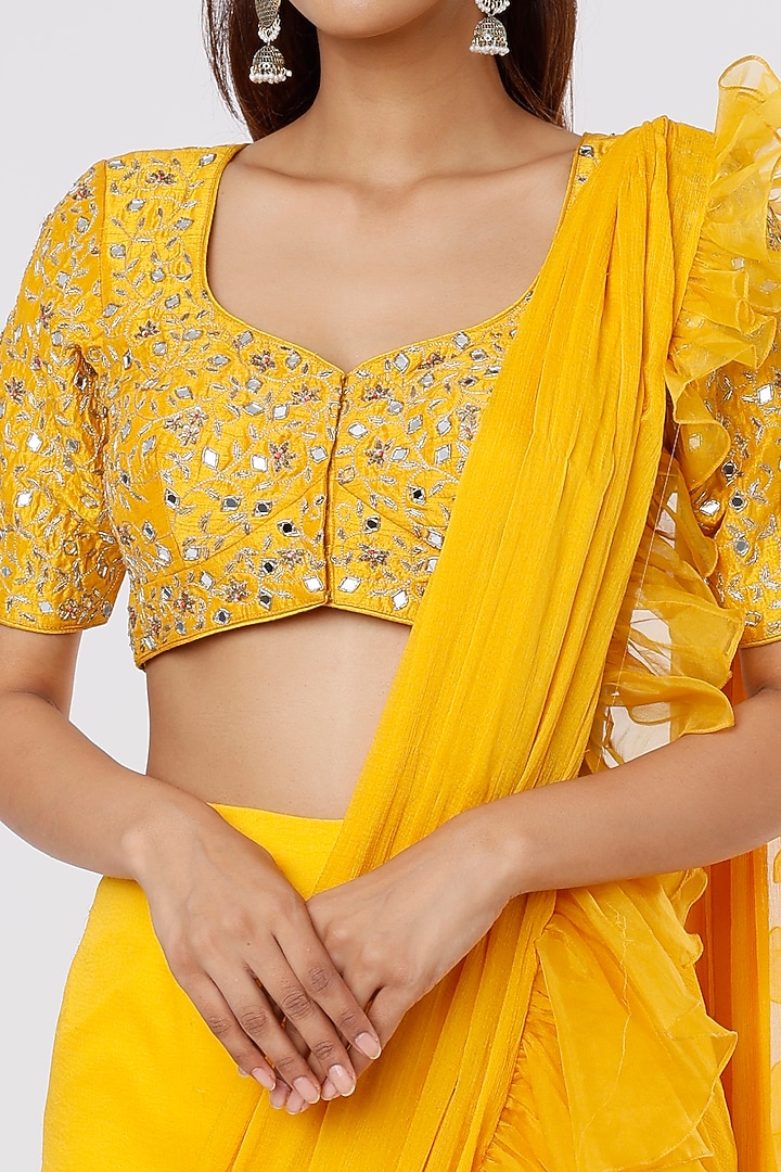 Mustard Embroidered Wedding Saree Set by ASAGA at Pernia's Pop Up Shop
