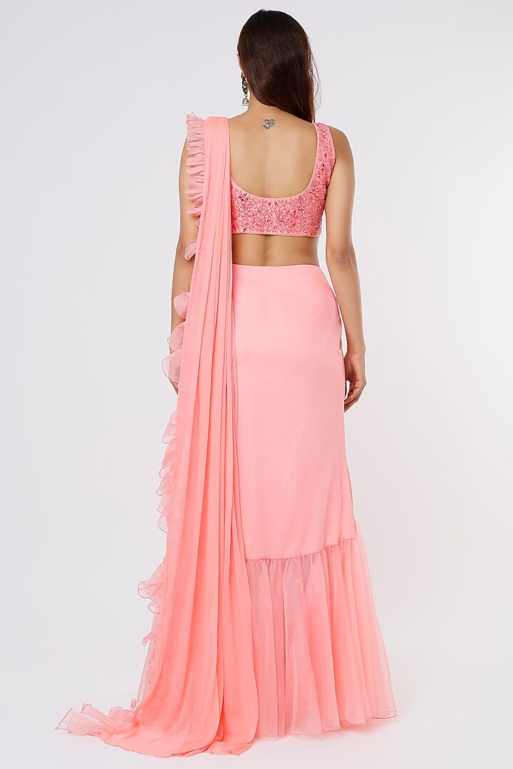 Baby Pink Organza & Chiffon Hand Embroidered Pre-Draped Wedding Saree Set by ASAGA at Pernia's Pop Up Shop