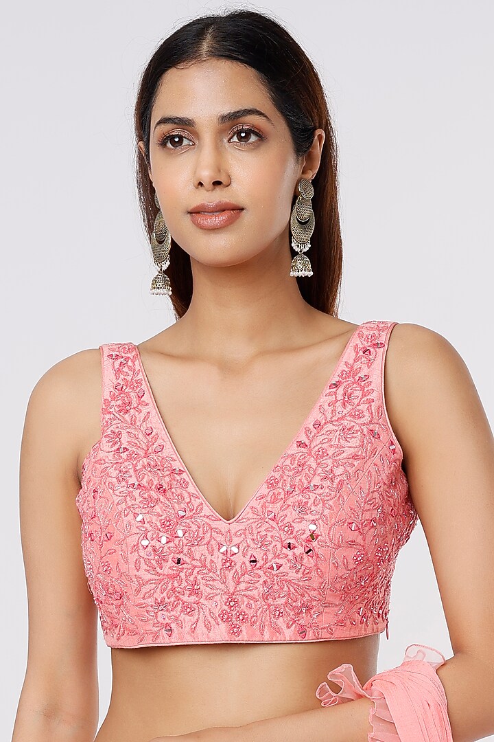 Baby Pink Organza & Chiffon Hand Embroidered Pre-Draped Wedding Saree Set by ASAGA at Pernia's Pop Up Shop