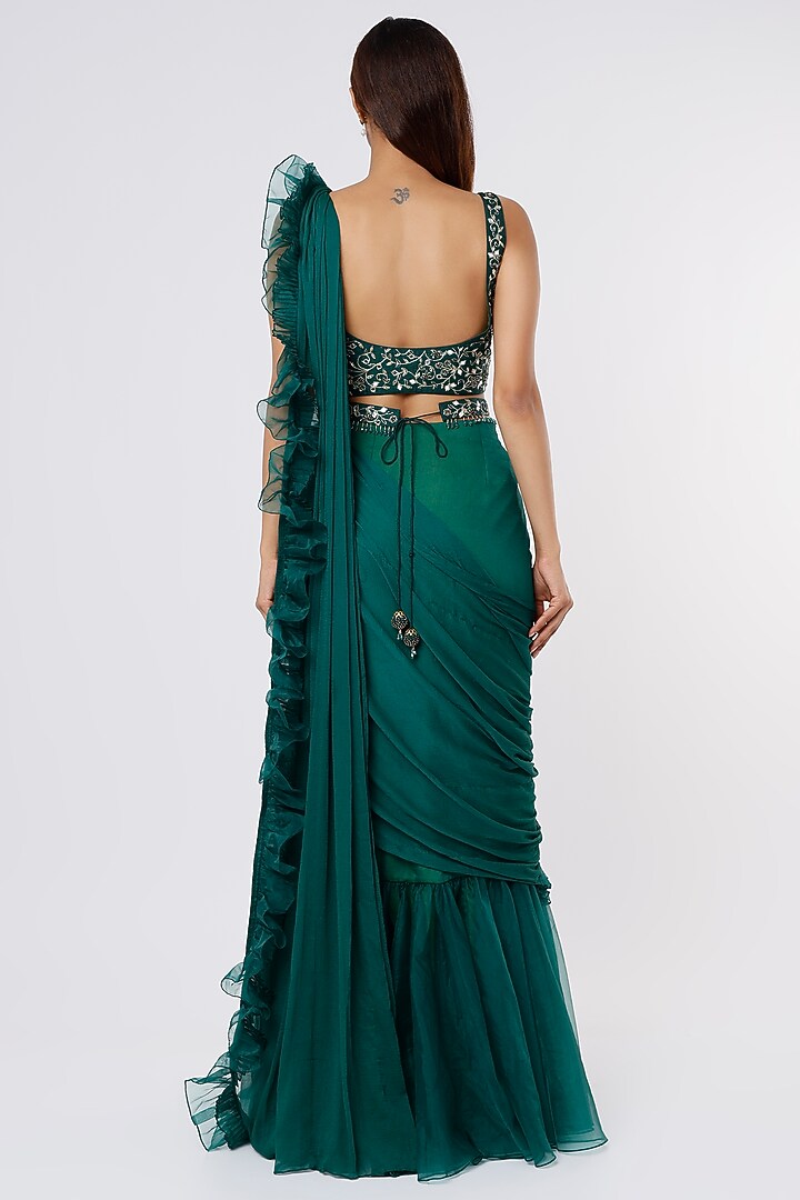 Bottle Green Chiffon & Organza Pre-Draped Wedding Saree Set by ASAGA at Pernia's Pop Up Shop