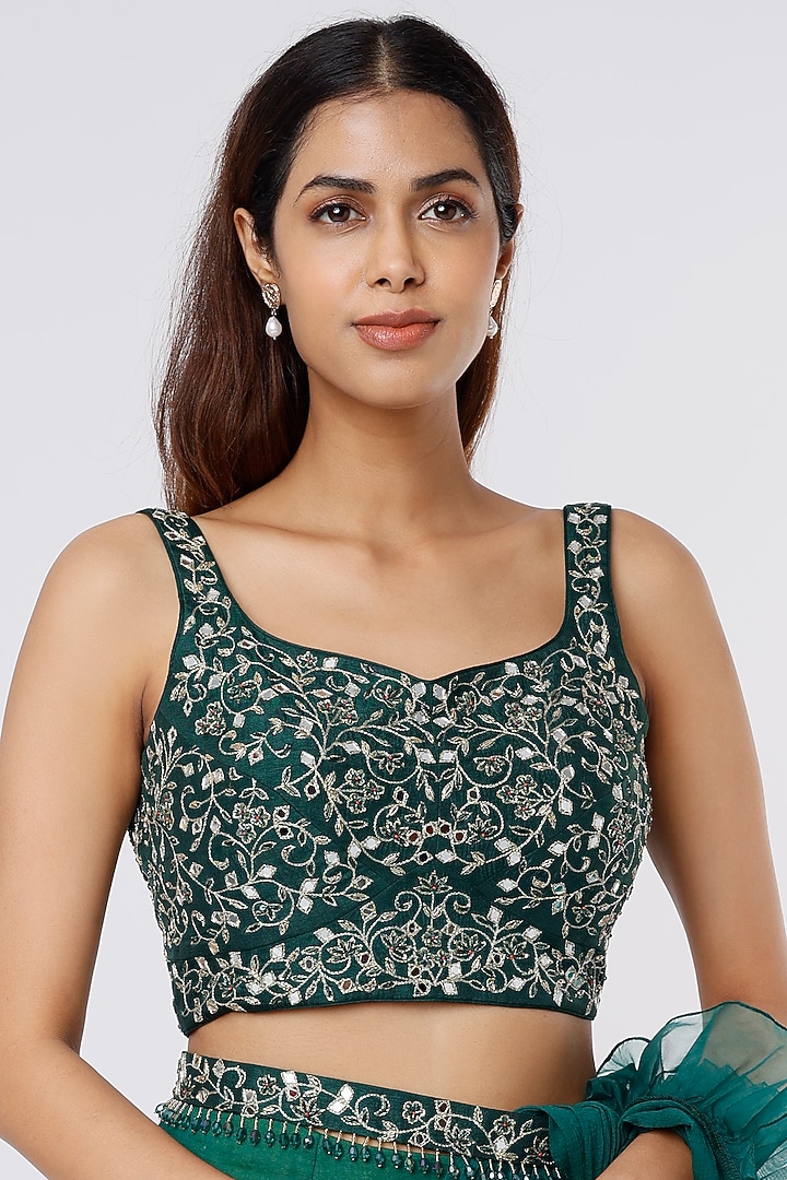Bottle Green Chiffon & Organza Pre-Draped Wedding Saree Set by ASAGA at Pernia's Pop Up Shop