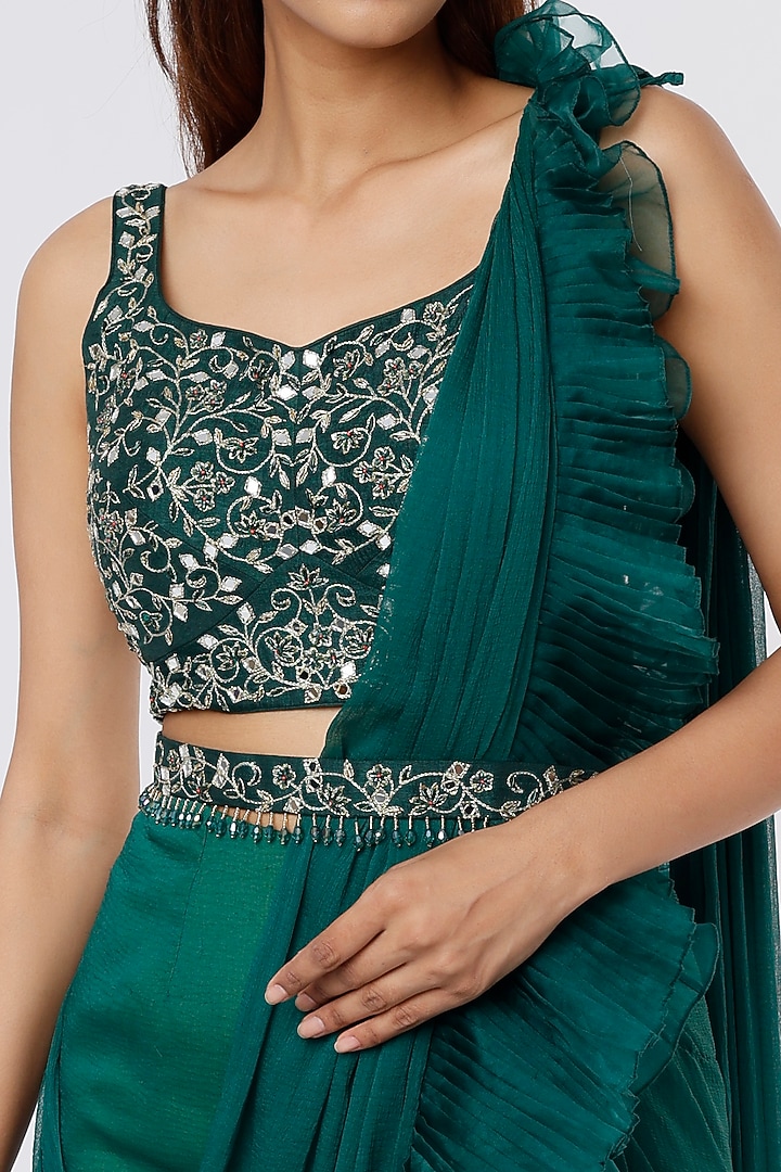 Bottle Green Chiffon & Organza Pre-Draped Wedding Saree Set by ASAGA at Pernia's Pop Up Shop