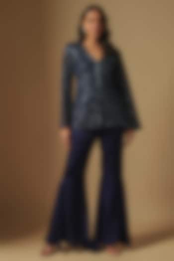 Navy Blue Satin Organza Wedding Sharara Set by ASAGA at Pernia's Pop Up Shop