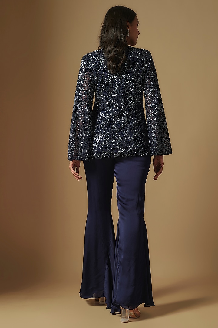 Navy Blue Satin Organza Wedding Sharara Set by ASAGA at Pernia's Pop Up Shop
