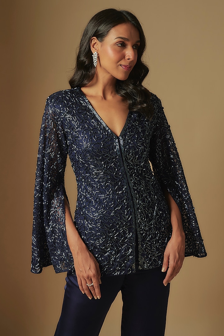 Navy Blue Satin Organza Wedding Sharara Set by ASAGA at Pernia's Pop Up Shop