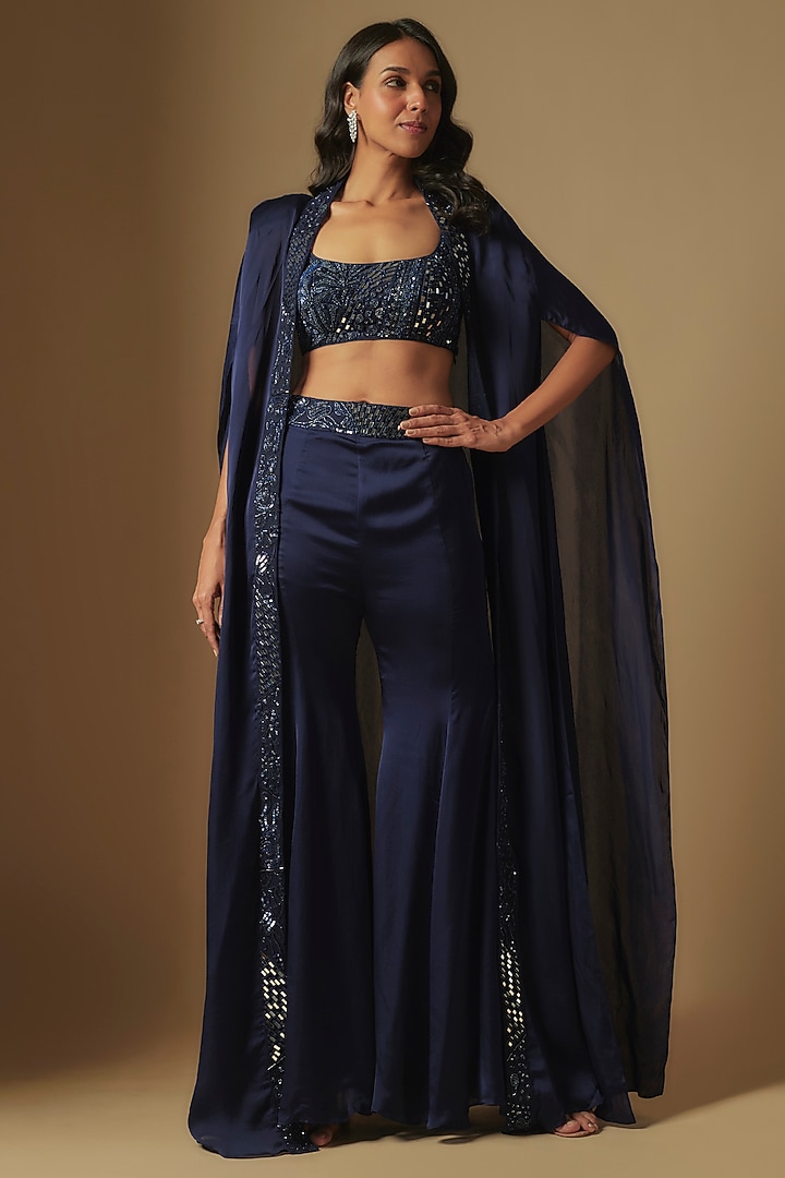 Navy Blue Satin Organza Wedding Sharara Set by ASAGA at Pernia's Pop Up Shop