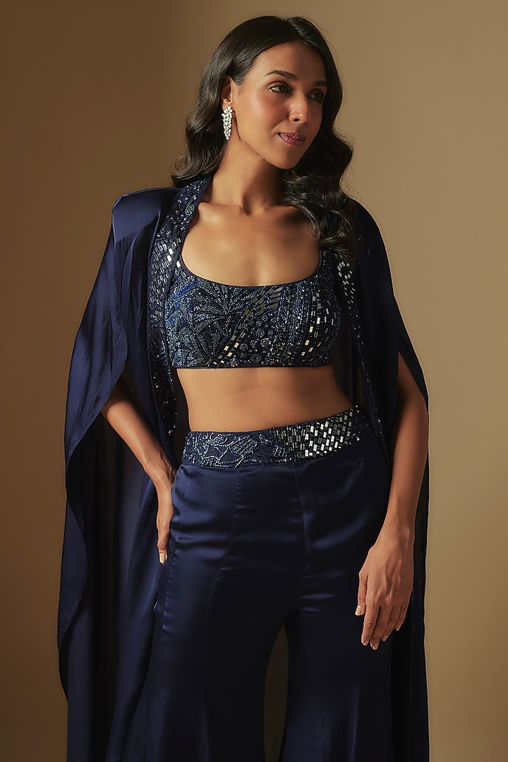 Navy Blue Satin Organza Wedding Sharara Set by ASAGA at Pernia's Pop Up Shop