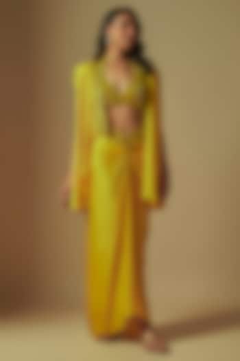 Yellow Satin Organza Draped Skirt Set by ASAGA at Pernia's Pop Up Shop