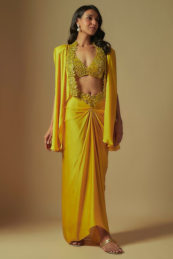 Yellow Satin Organza Draped Skirt Set by ASAGA at Pernia's Pop Up Shop