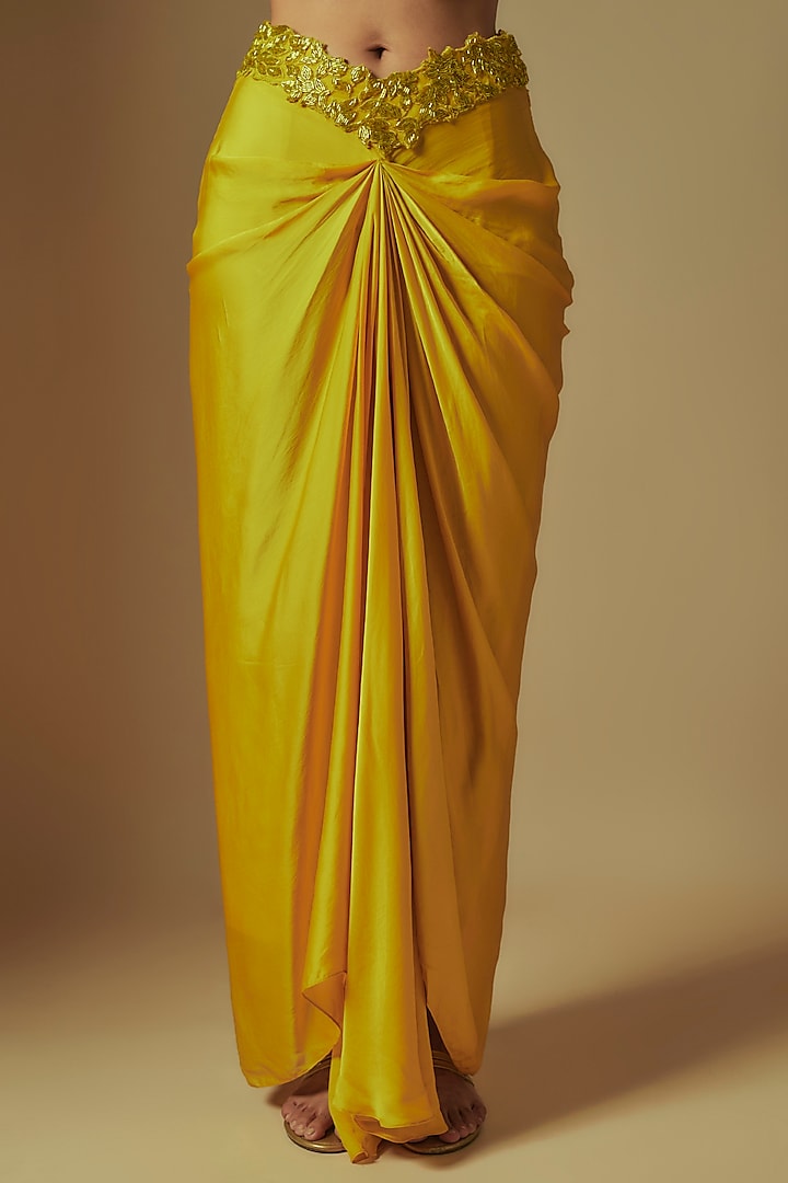 Yellow Satin Organza Draped Skirt Set by ASAGA at Pernia's Pop Up Shop