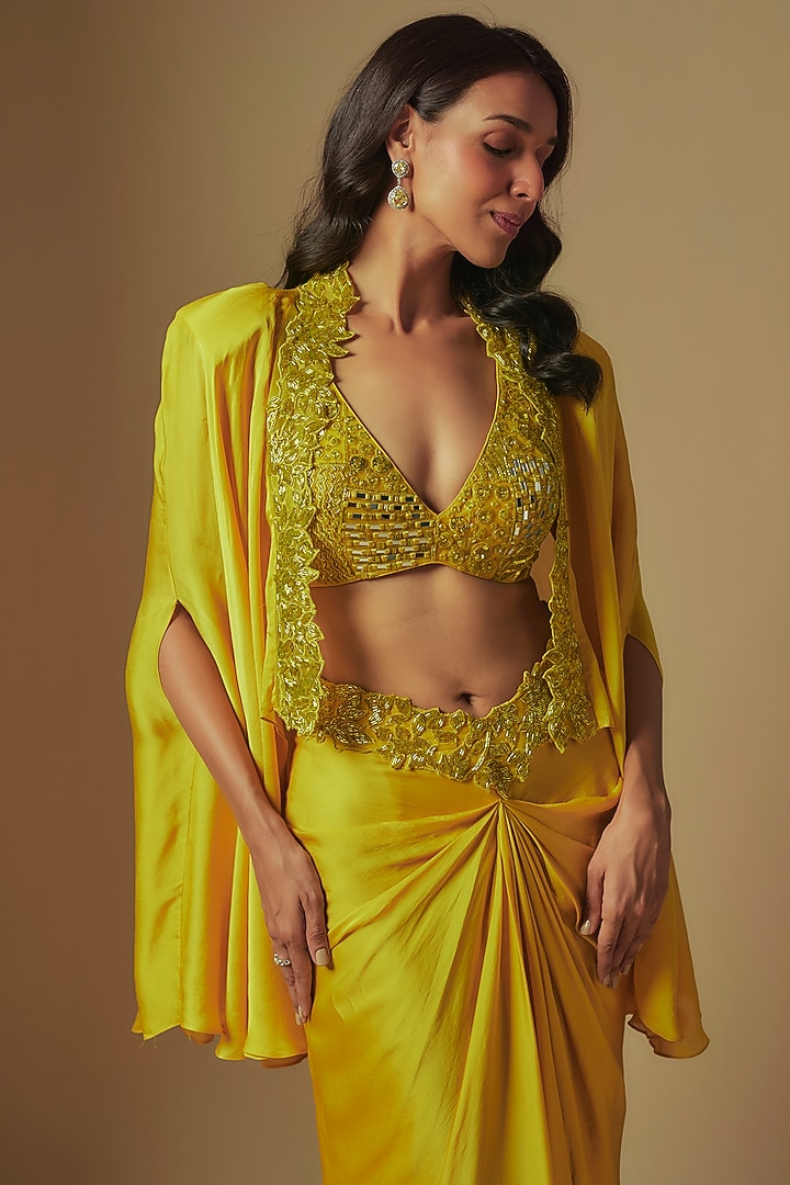 Yellow Satin Organza Draped Skirt Set by ASAGA at Pernia's Pop Up Shop