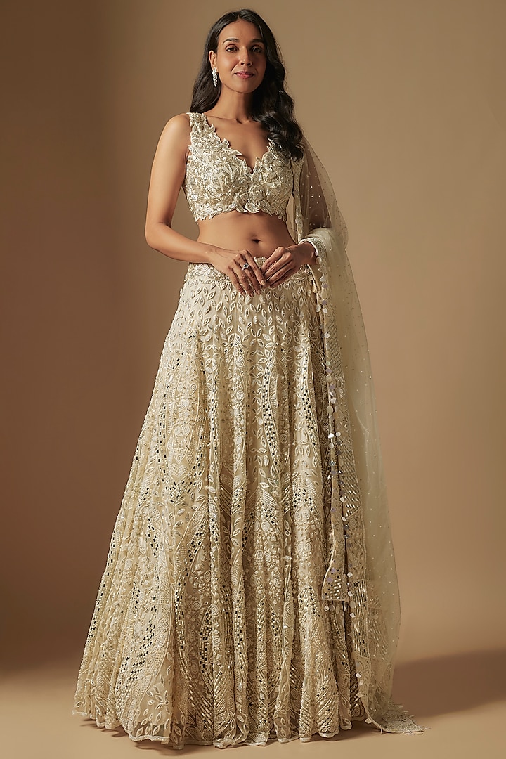 Ivory Satin Organza Hand Embroidered Lehenga Set by ASAGA at Pernia's Pop Up Shop