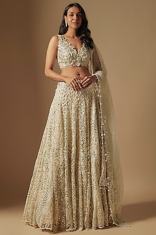 Ivory Satin Organza Hand Embroidered Lehenga Set by ASAGA