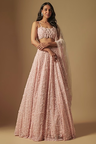 Blush Pink Satin Organza Hand Embroidered Lehenga Set by ASAGA