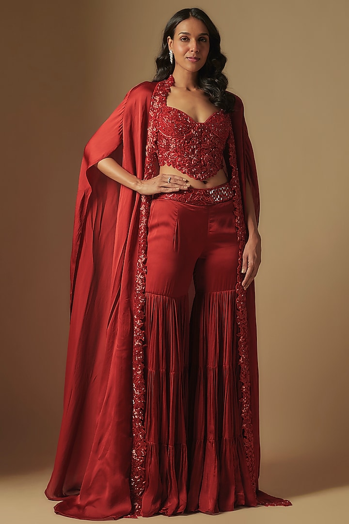 Red Satin Organza Sharara Set by ASAGA at Pernia's Pop Up Shop