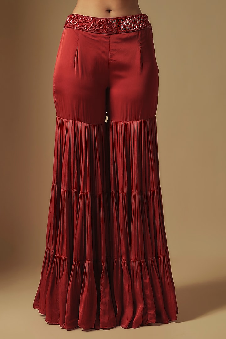 Red Satin Organza Wedding Sharara Set by ASAGA at Pernia's Pop Up Shop