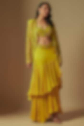 Yellow Satin Organza Draped Skirt Set by ASAGA at Pernia's Pop Up Shop