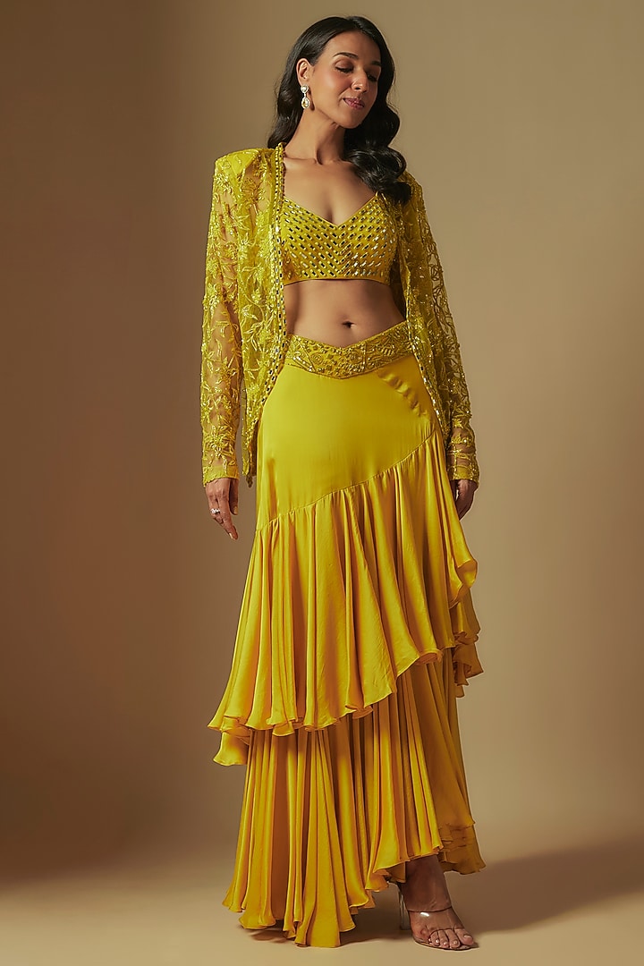 Yellow Satin Organza Draped Skirt Set by ASAGA at Pernia's Pop Up Shop
