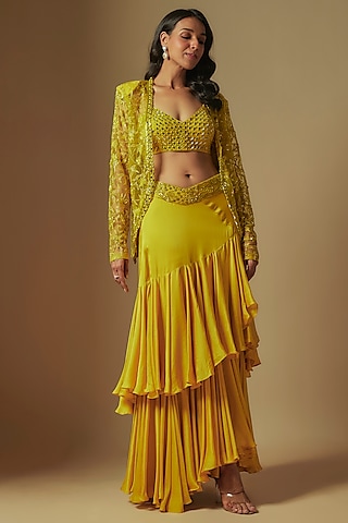 Yellow Satin Organza Draped Skirt Set by ASAGA