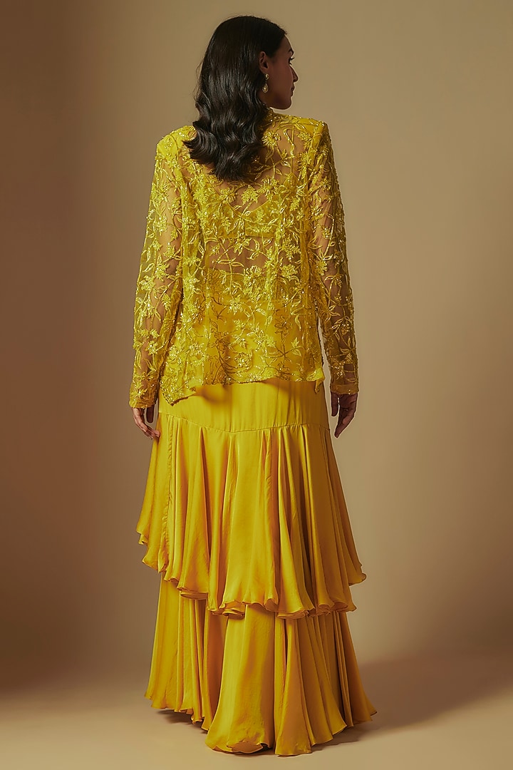 Yellow Satin Organza Draped Skirt Set by ASAGA at Pernia's Pop Up Shop