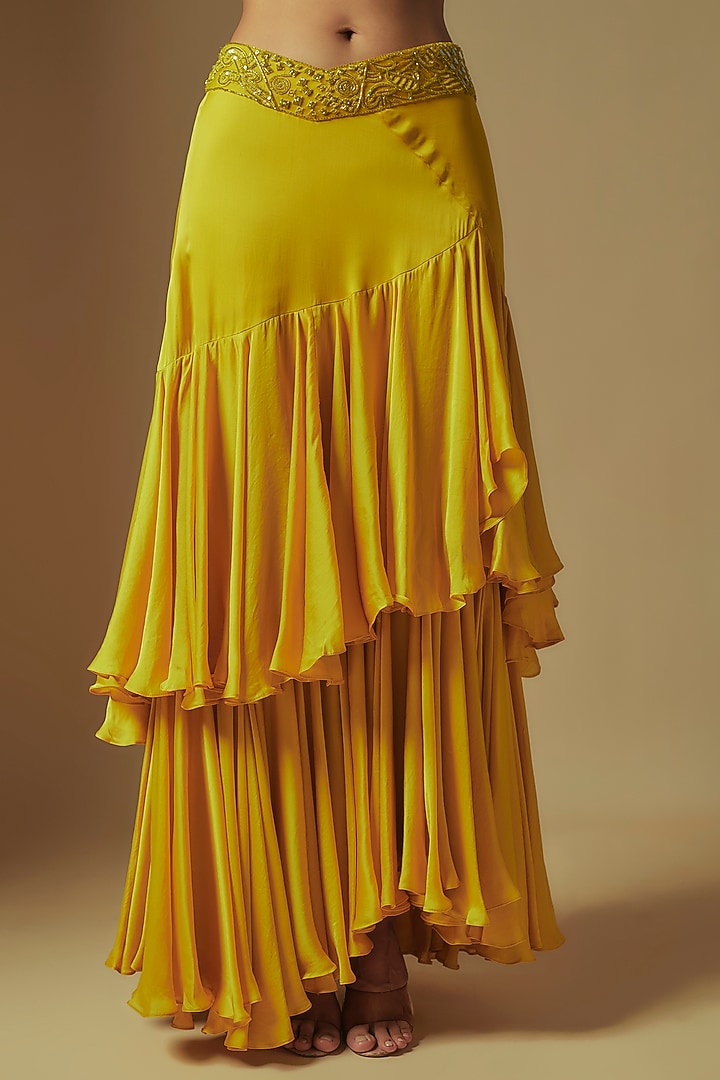 Yellow Satin Organza Draped Skirt Set by ASAGA at Pernia's Pop Up Shop