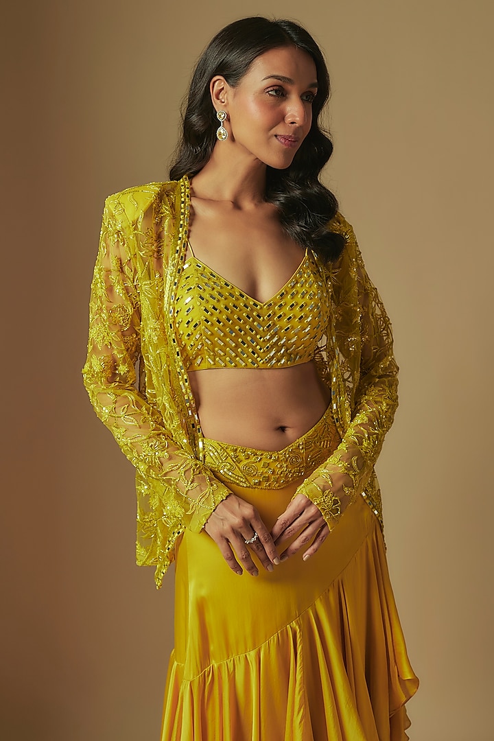 Yellow Satin Organza Draped Skirt Set by ASAGA at Pernia's Pop Up Shop
