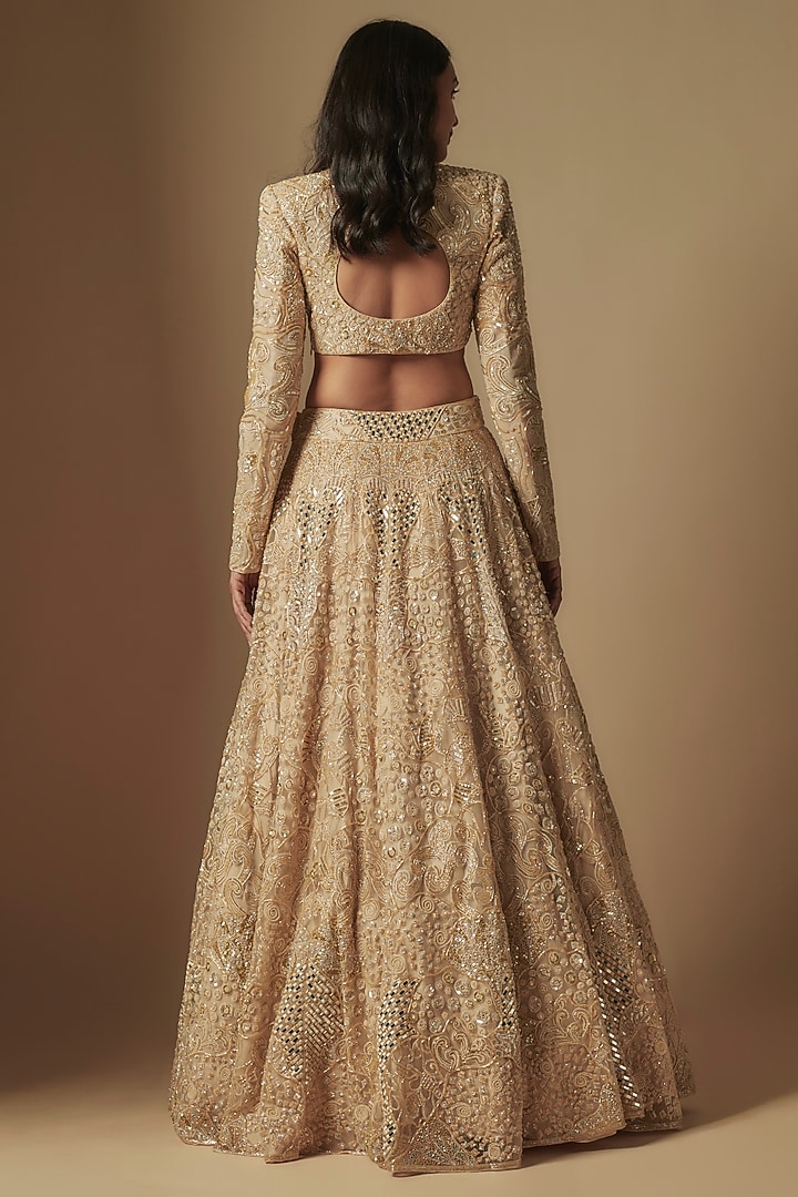 Beige Satin Organza Hand Embroidered Bridal Lehenga Set by ASAGA at Pernia's Pop Up Shop