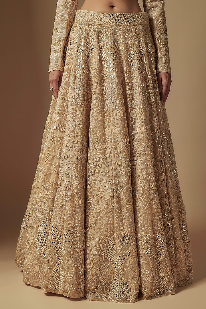 Beige Satin Organza Hand Embroidered Bridal Lehenga Set by ASAGA at Pernia's Pop Up Shop