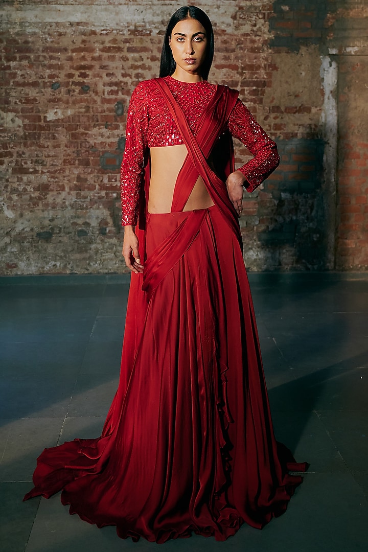 Red Satin Organza Draped Reception Saree Set by ASAGA at Pernia's Pop Up Shop
