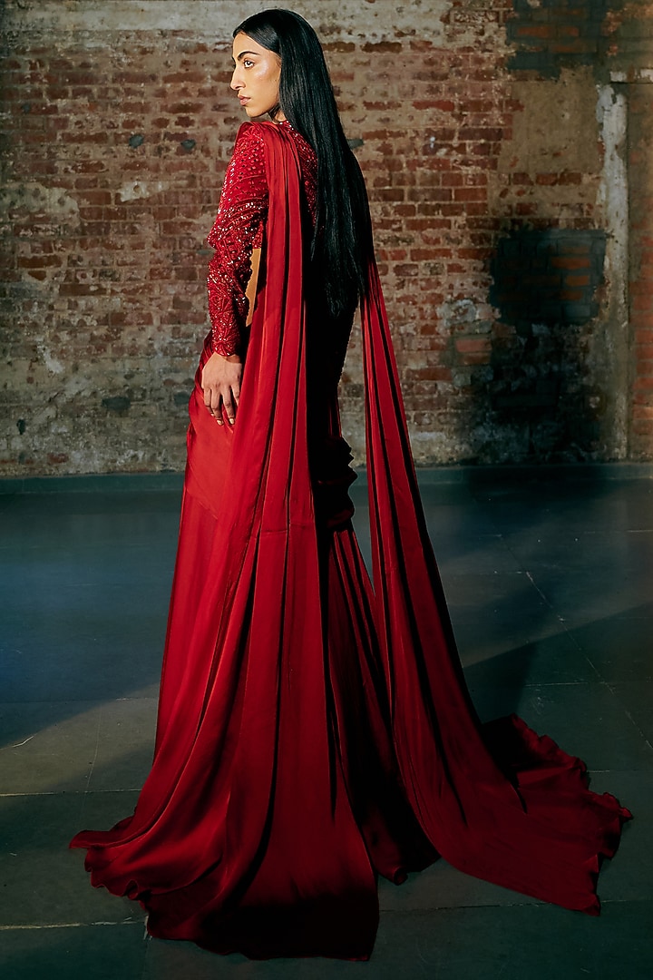 Red Satin Organza Draped Reception Saree Set by ASAGA at Pernia's Pop Up Shop