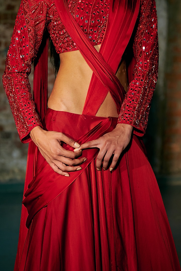 Red Satin Organza Draped Reception Saree Set by ASAGA at Pernia's Pop Up Shop