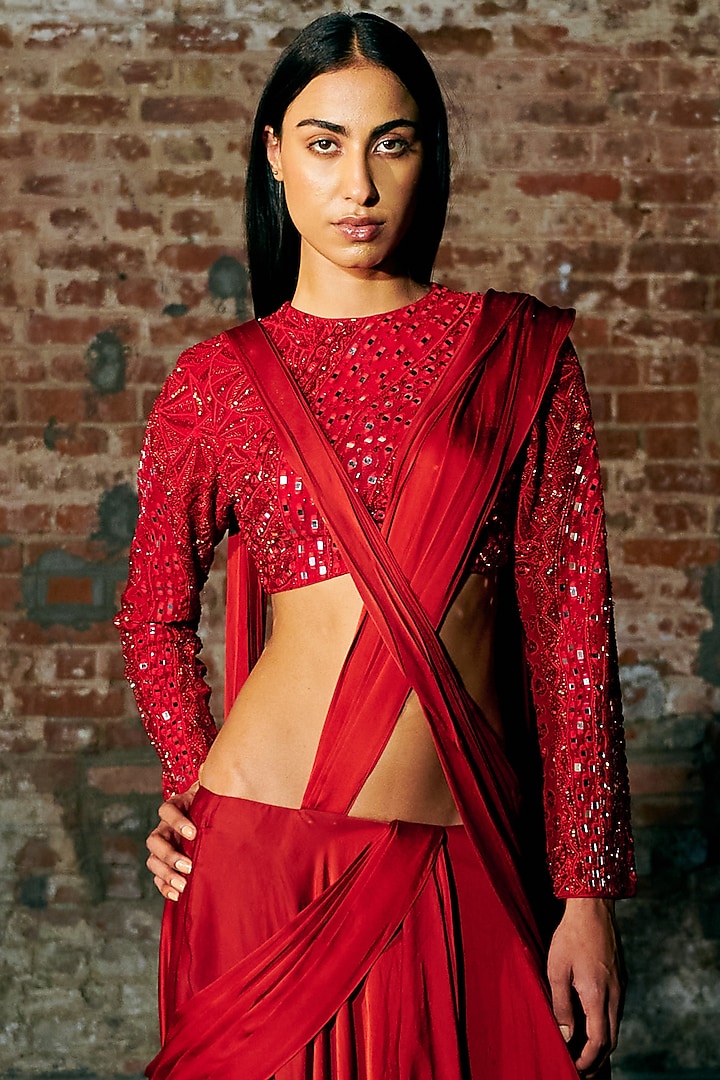 Red Satin Organza Draped Reception Saree Set by ASAGA at Pernia's Pop Up Shop