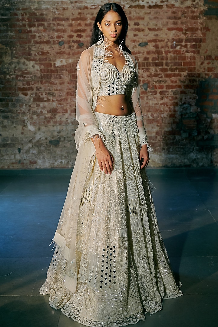 Ivory Tulle Hand Embroidered Bridal Lehenga Set by ASAGA at Pernia's Pop Up Shop