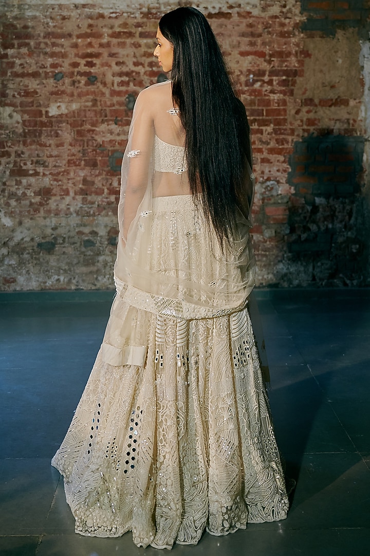 Ivory Tulle Hand Embroidered Bridal Lehenga Set by ASAGA at Pernia's Pop Up Shop