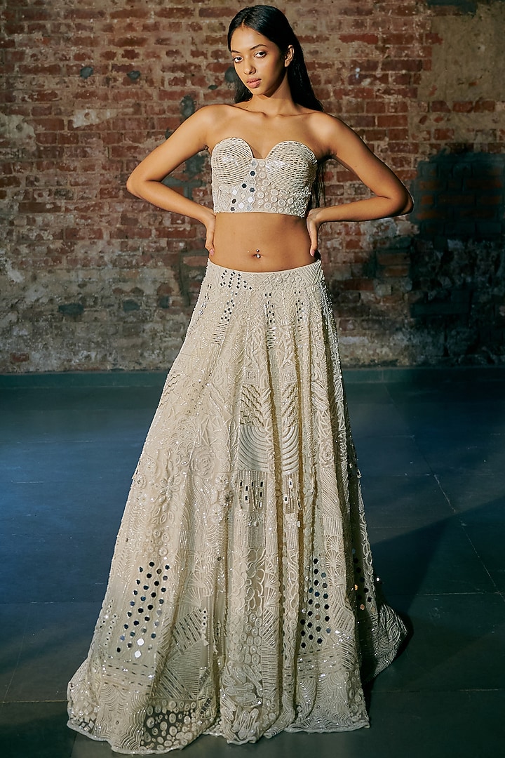 Ivory Tulle Hand Embroidered Bridal Lehenga Set by ASAGA at Pernia's Pop Up Shop