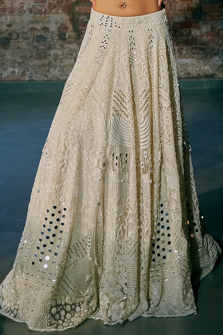 Ivory Tulle Hand Embroidered Bridal Lehenga Set by ASAGA at Pernia's Pop Up Shop