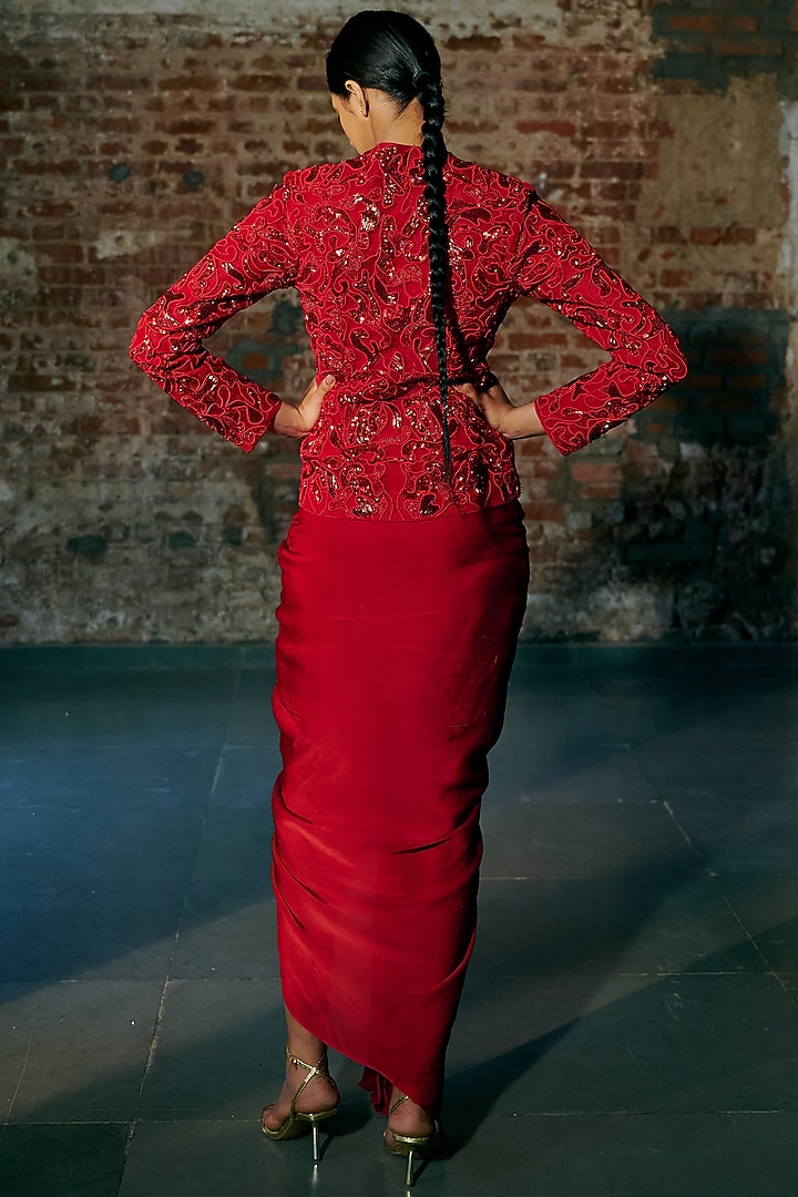 Red Satin Organza Draped Skirt Set by ASAGA at Pernia's Pop Up Shop