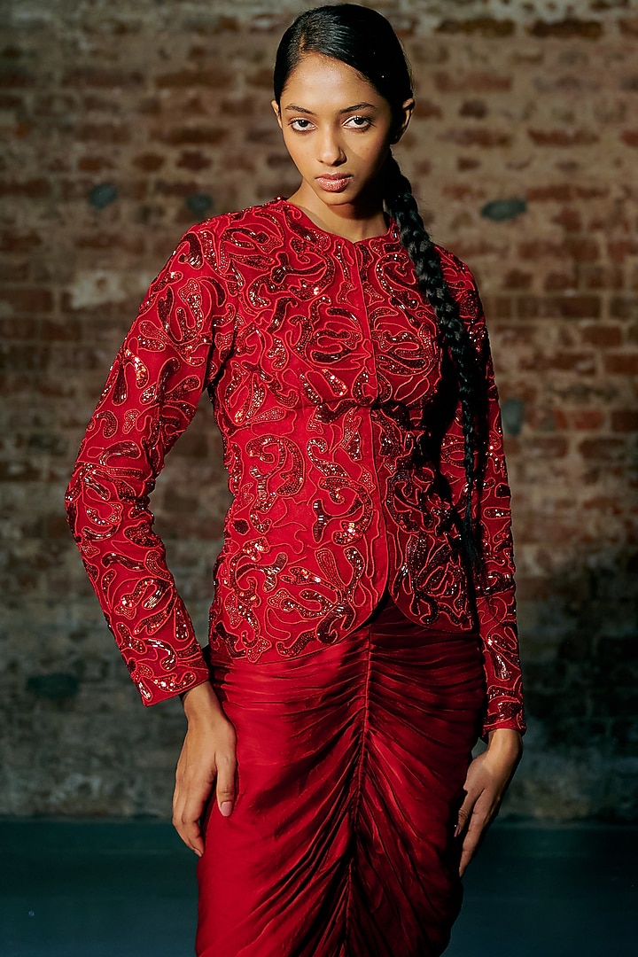 Red Satin Organza Draped Skirt Set by ASAGA at Pernia's Pop Up Shop