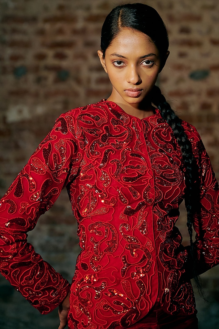 Red Satin Organza Draped Skirt Set by ASAGA at Pernia's Pop Up Shop