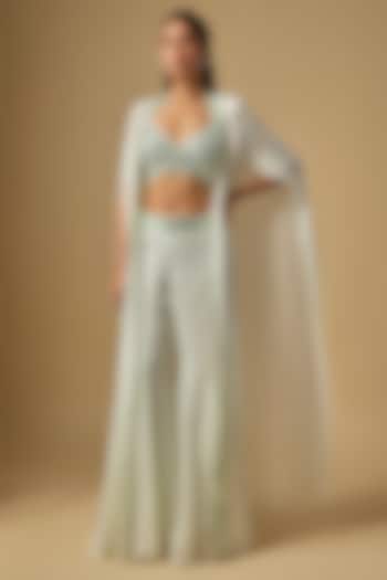 Mint Satin Tulle Hand & Machine Embroidered Cape Set by ASAGA at Pernia's Pop Up Shop