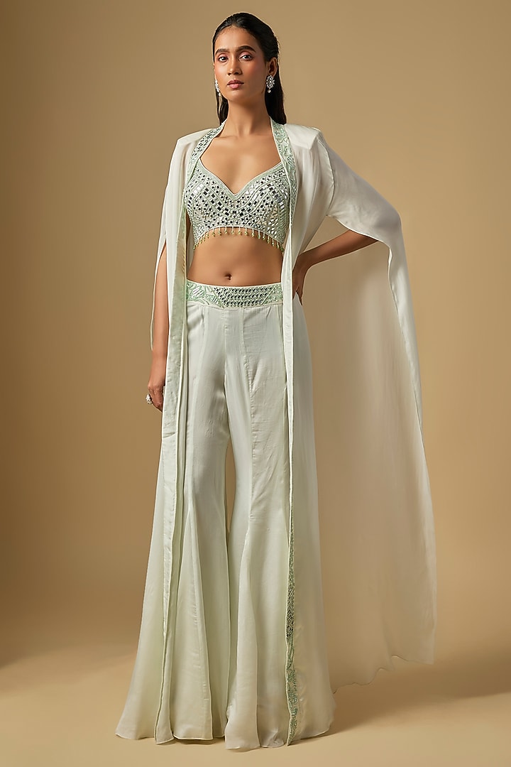 Mint Satin Tulle Hand & Machine Embroidered Cape Set by ASAGA at Pernia's Pop Up Shop