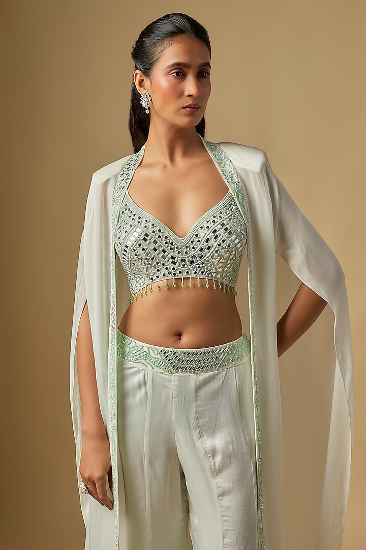 Mint Satin Tulle Hand & Machine Embroidered Cape Set by ASAGA at Pernia's Pop Up Shop