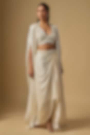 Ivory Satin Tulle Hand & Machine Embroidered Cape Set by ASAGA at Pernia's Pop Up Shop