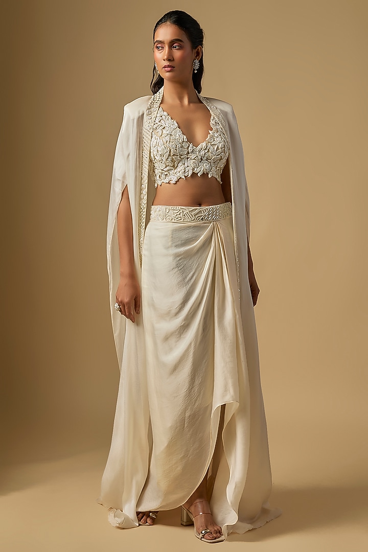 Ivory Satin Tulle Hand & Machine Embroidered Cape Set by ASAGA at Pernia's Pop Up Shop