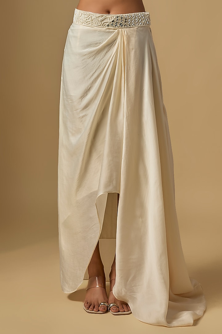 Ivory Satin Tulle Hand & Machine Embroidered Cape Set by ASAGA at Pernia's Pop Up Shop