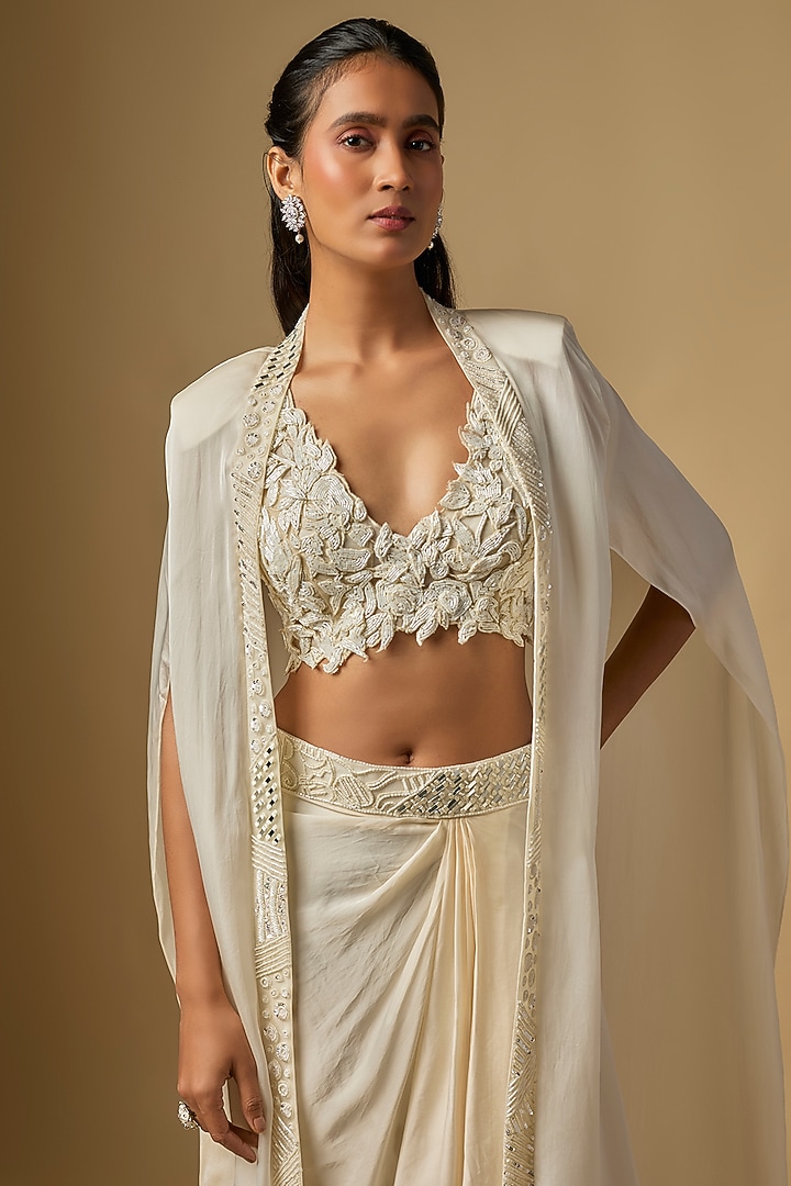 Ivory Satin Tulle Hand & Machine Embroidered Cape Set by ASAGA at Pernia's Pop Up Shop