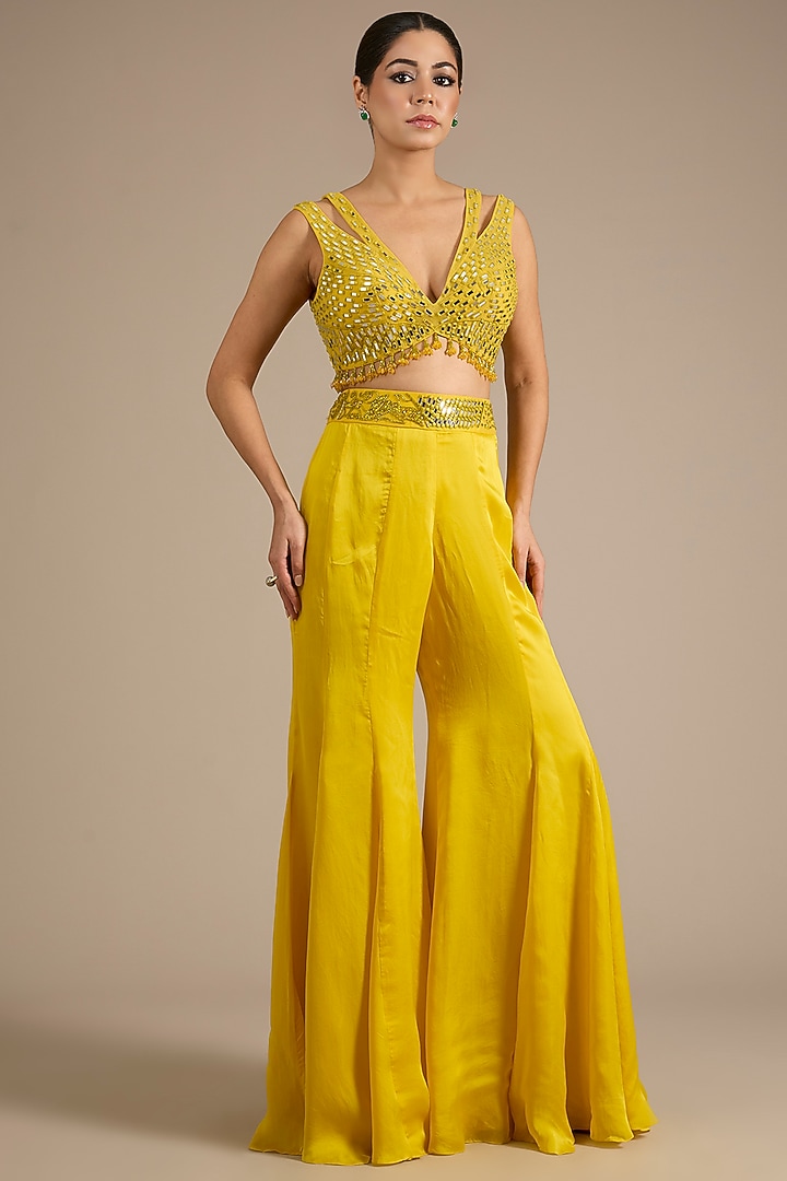 Yellow Satin Tulle Wedding Sharara Set by ASAGA at Pernia's Pop Up Shop