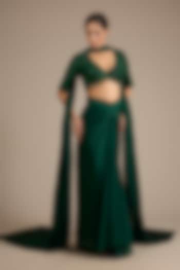 Emerald Green Satin Tulle Draped Skirt Set by ASAGA at Pernia's Pop Up Shop