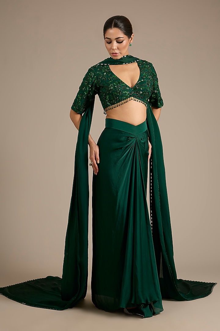 Emerald Green Satin Tulle Draped Skirt Set by ASAGA at Pernia's Pop Up Shop