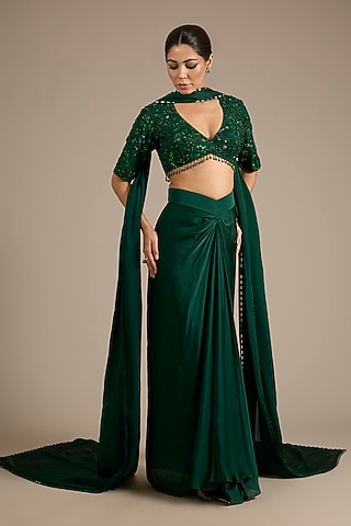 Emerald Green Satin Tulle Draped Skirt Set by ASAGA